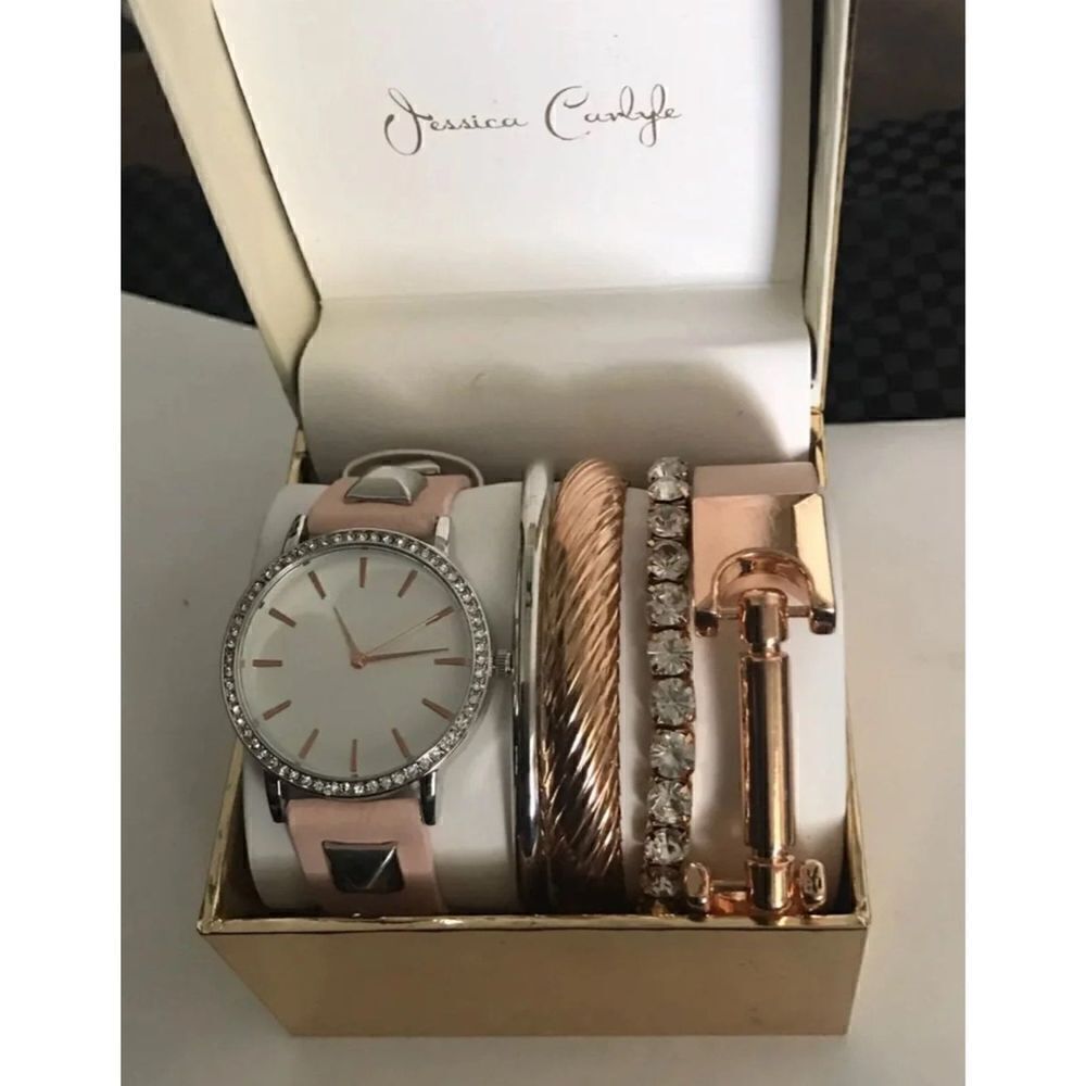 BNIB~Trendy Women's Pink Silver Studded Strap Watch & Bracelet Boxed Set